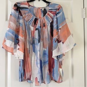 Zac and Rachel Woman Blue Terracotta Watercolor Blouse Size 1X NEW